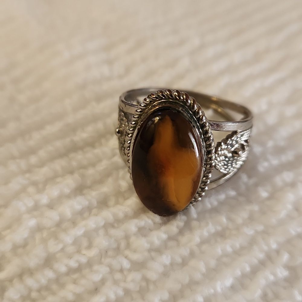 Authentic vintage Lithuanian amber ring size 9 Silvertone Setting